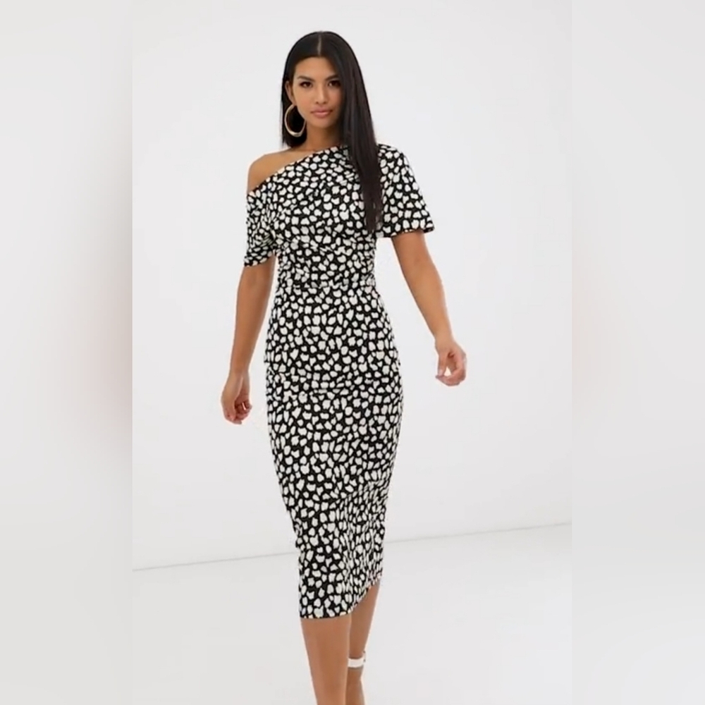 ASOS DESIGN Pleated Shoulder Midi Pencil Dress In Black And White